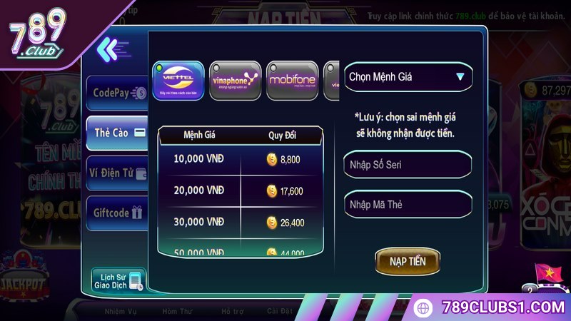 Điền đúng mã thẻ, số seri để giao dịch hoàn tất